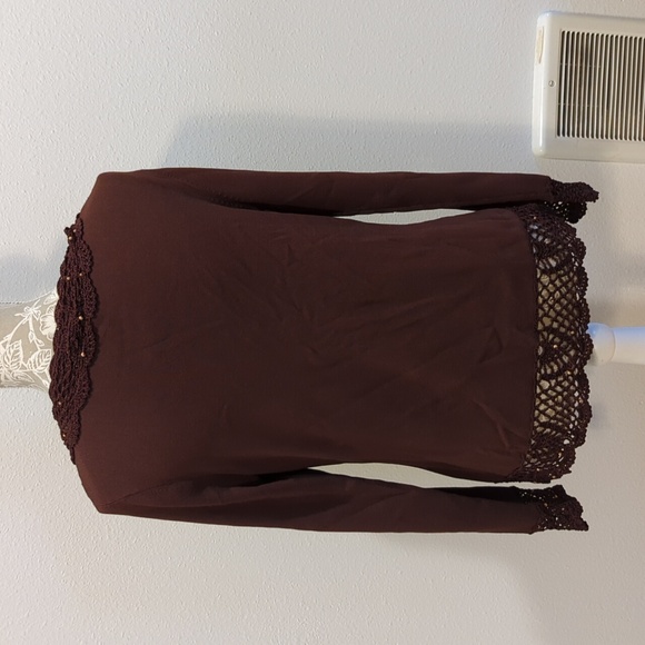 Notations Chocolate Cardi w/Hand Crochet Lace Trim Size Medium - Picture 2 of 16